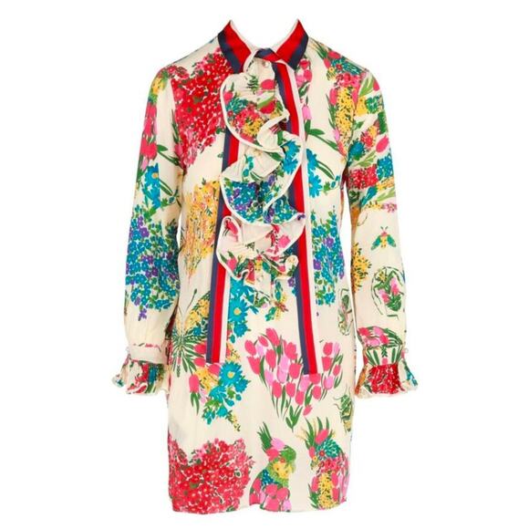 Gucci Silk Shift Web Stripe Floral Crepe Silk Dress Made‎ in Italy Small - Picture 1 of 16